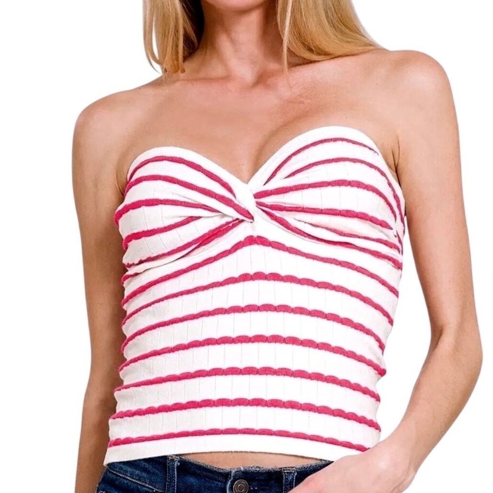 Zenana Womens Pink White Striped Twist Front Ribbed Knit Strapless Tube Top M